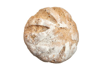 Rustic round artisan bread loaf with a golden-brown crust, flour-dusted surface, and deep scoring. Traditional handcrafted texture, isolated on a white background