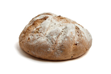 Freshly baked artisan bread loaf with a golden-brown crust, deep scoring, and a light flour dusting. Traditional handcrafted texture, isolated on a white background