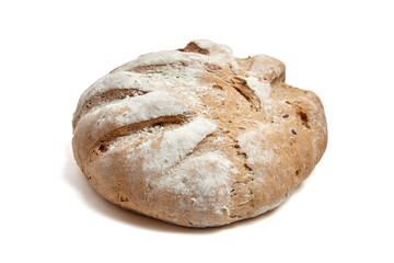 Freshly baked round artisan bread loaf with a crispy golden-brown crust, deep scoring, and a light flour dusting. Traditional handcrafted texture, isolated on white