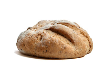 Freshly baked round artisan bread loaf with a golden-brown crust, deep scoring, and a light flour dusting. Traditional handcrafted texture, isolated on a white background