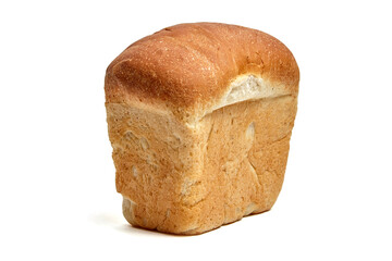 Rectangular loaf of bread with a golden-brown crust and soft, fluffy interior. Perfect for sandwiches or toast, freshly baked and isolated on a white background