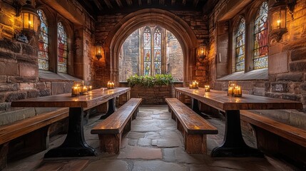 Fototapeta premium Medieval-style dining hall with stained glass