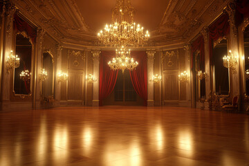 A grand Victorian ballroom 3D background room with sparkling chandeliers, ornate gold-trimmed walls, and a polished marble dance floor. The elegant red velvet drapes and gilded mirrors reflect a night