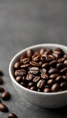 Fototapeta premium Close-up, Aromatic Coffee Beans in White Bowl, Ingredient for Drink Recipe or Cafe Ad