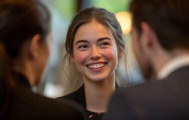 Fototapeta premium confidence and charm of a young professional makes a lasting impression, effortlessly balancing the professionalism expected at a business event with a genuine, inviting warmth.