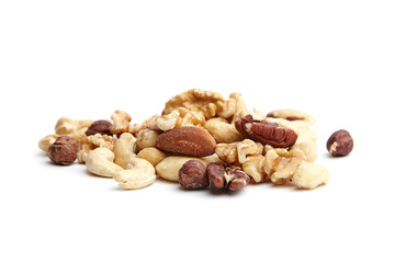 A close-up view of a mix of cashews, walnuts, pecans, almonds, and hazelnuts arranged in a pile, showcasing rich textures and natural tones