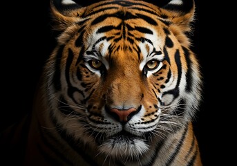 Naklejka premium Close-up of a majestic tiger against a black background. Generative Ai