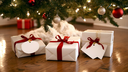 Several Christmas gifts wrapped in white paper with red ribbons under a decorated Christmas tree.
