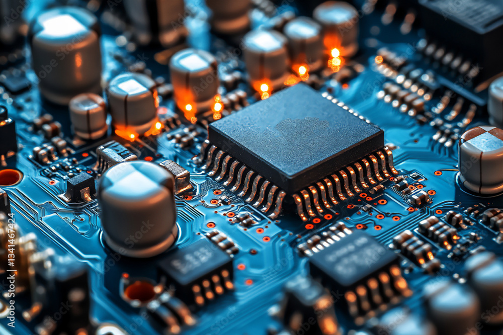 Poster a detailed view of an electronic circuit board with various chips and comp
