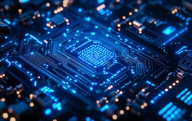 Obraz premium Closeup of an intricate blue circuit board with pulsating electric blue pathways, representing advanced digital networks, cyberpunk aesthetic, ultrarealistic, highdefinition
