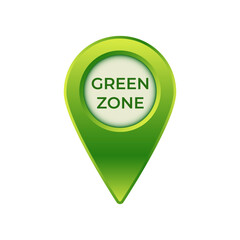 Icon featuring bold text green zone within a green gradient location pin, symbolizing eco-friendly area.