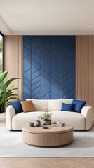 Fototapeta premium Modern living room, blue accent wall, curved sofa