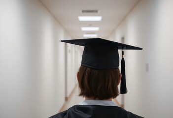 Back of head, graduation cap, hallway, minimalist setting, walk, university