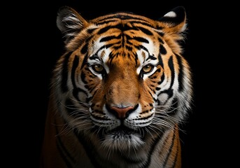Close-up of a majestic tiger against a black background. Generative Ai