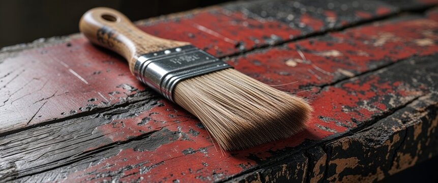 Artisan brush resting on a weathered red and black wooden surface showing strokes and texture. - Powered by Adobe