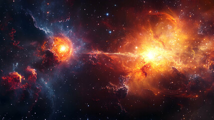 Obraz premium A dynamic image of a stellar nebula with bright orange and yellow light emanating from a central point, with dark filaments. 