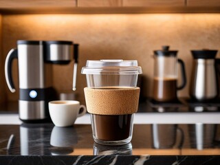 A glass coffee cup with a cork lid and a white lid sits on a black countertop, accompanied by a coffee maker and a white mug.