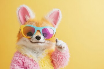 Adorable fox-like creature wearing colorful sunglasses and fuzzy outfit against yellow background