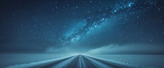 A snowy road with a bright starry sky above it
