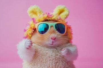 Obraz premium Adorable Hamster in Colorful Sunglasses and Bunny Ears on a Bright Pink Background