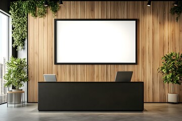 White Screen in Black Frame on Wooden Wall