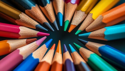 Fototapeta premium Diverse customer figures in a circle, each holding a pencil, representing dynamic sales strategies and focus on inclusivity, highquality, vibrant graphic design
