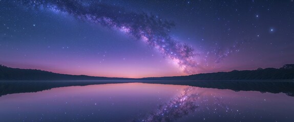 Fototapeta premium Serene Night Reflection of the Milky Way Over a Tranquil Lake.