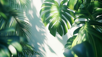 Lush Green Tropical Leaves and Shadows on White Wall