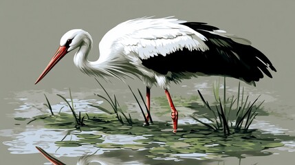 Obraz premium White stork wading in shallow water