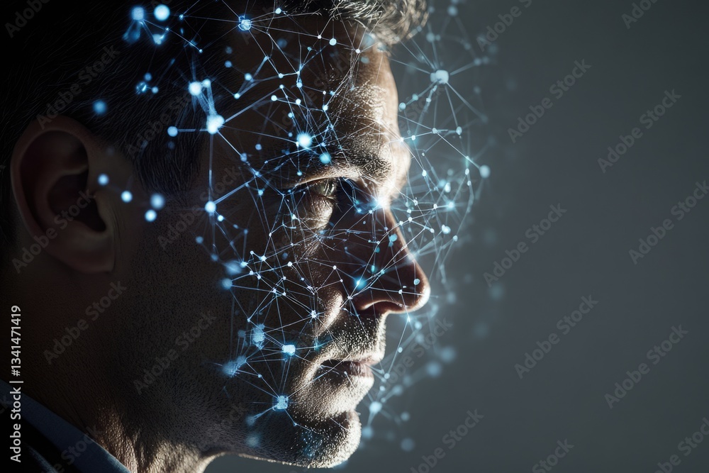 Poster a man's face is overlaid with a network of glowing connections, symbolizing digital transformation a