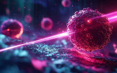 Hightech laser beams targeting specific cancer cells, representing cuttingedge oncology technology, dramatic lighting, realistic details, vibrant color contrast
