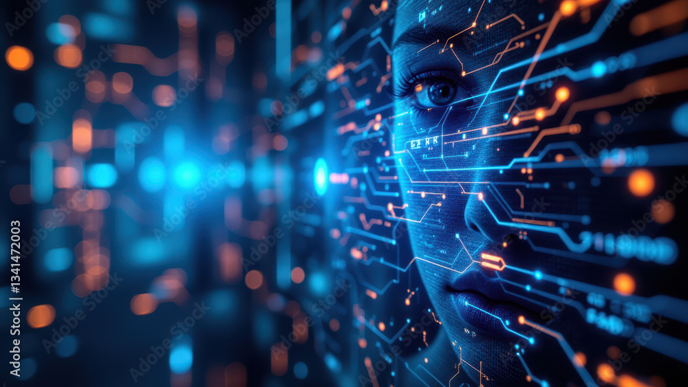 Poster close-up of a person's face with digital circuitry overlaying their features, symbolizing tech integ