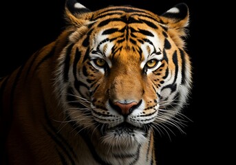 Close-up of a majestic tiger against a black background. Generative Ai