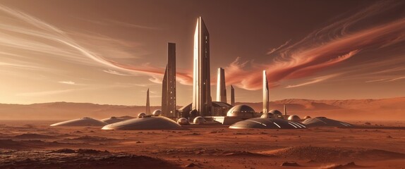 Human settlement thriving on Mars in a futuristic landscape