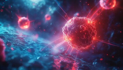 Laser treatment targeting cancer cells on a cellular level, symbolizing advanced oncology care, glowing red and blue beams, detailed microscopic view, ultrarealistic