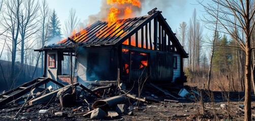 Charred remains of a house after a devastating fire, house fire, fire investigation
