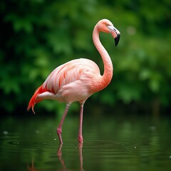 Fototapeta premium Pink Flamingo Standing in Water with Green Foliage Background – Wildlife Photography