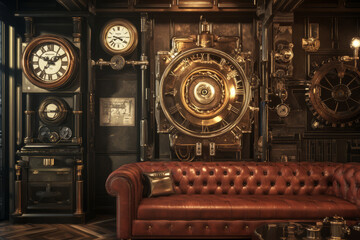 A steampunk-inspired lounge 3D background room with brass and copper machinery, antique clocks, and a grand leather sofa. The intricate mechanical details and warm lighting create a rich,