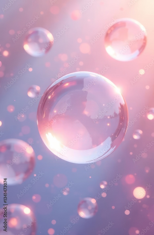 Poster iridescent soap bubbles floating in soft pastel light creating dreamy whimsical atmosphere. abstract