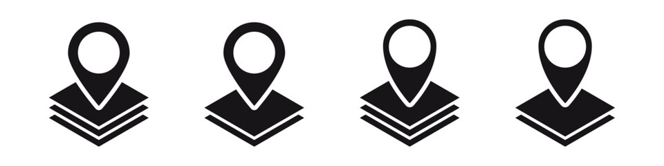 Four black location icons with circles perched on three overlapping squares in a horizontal arrangement.