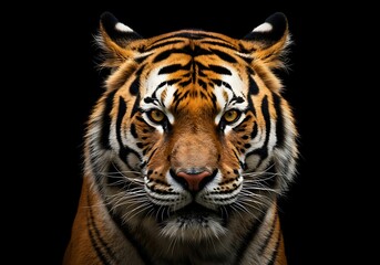 Fototapeta premium Close-up of a majestic tiger against a black background. Generative Ai