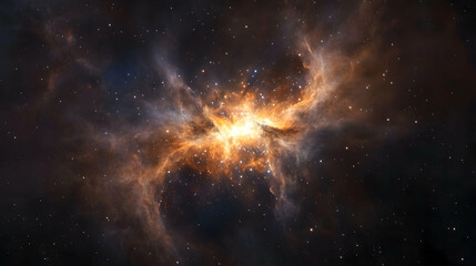 A bright and intricate nebula with golden and white glowing gas and dust, resembling a cosmic butterfly or hourglass.
