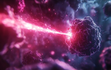 Microscopic view of a laser precisely targeting cancer cells, symbolizing breakthrough oncology treatments, glowing, intense light beams, ultradetailed, medical hightech scene