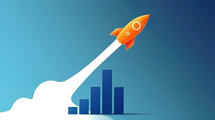 orange startup rocket soaring upwards with a dynamic growth trajectory on a blue background