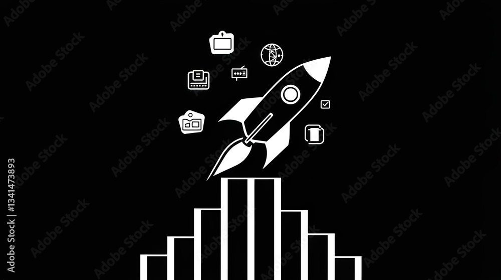 Poster flat rocket illustration with floating business icons above rising bar graph on black background