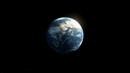 A full view of Earth in deep space, with shadowed areas and light reflecting off its surface.


