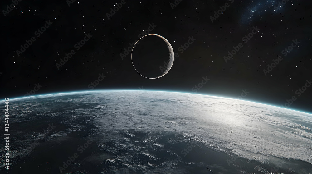Sticker a stunning space scene showing a thinly illuminated moon with earth's atmosphere visible below, poss