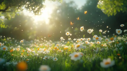 Sunlit Daisy Meadow with Butterflies