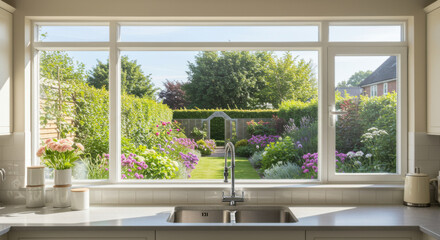 a kitchen with a large window above the sink overlooking a garden natural light