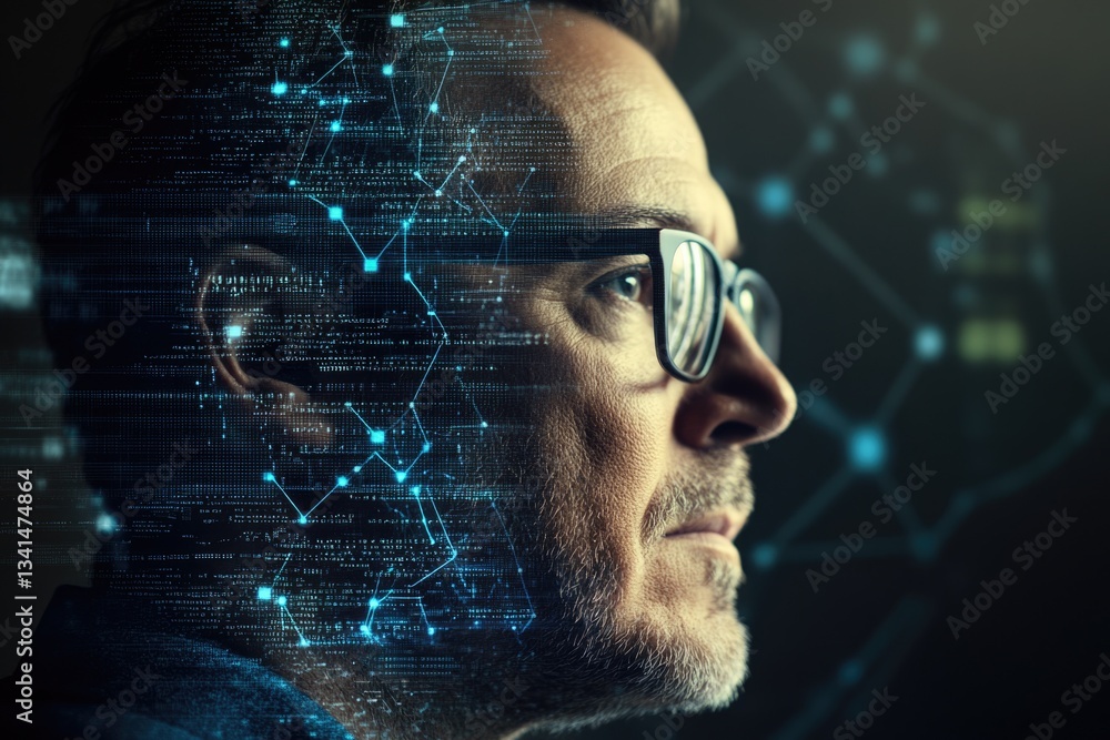 Aufkleber a man's profile is overlaid with glowing digital code, symbolizing the convergence of human intellec